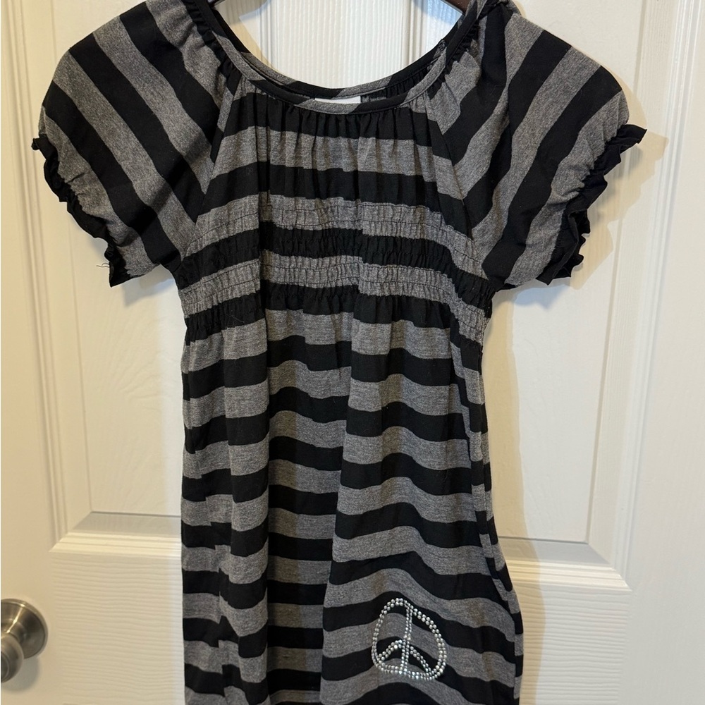 Pinky brand Striped Black and Gray Kids Dress with Peace sign